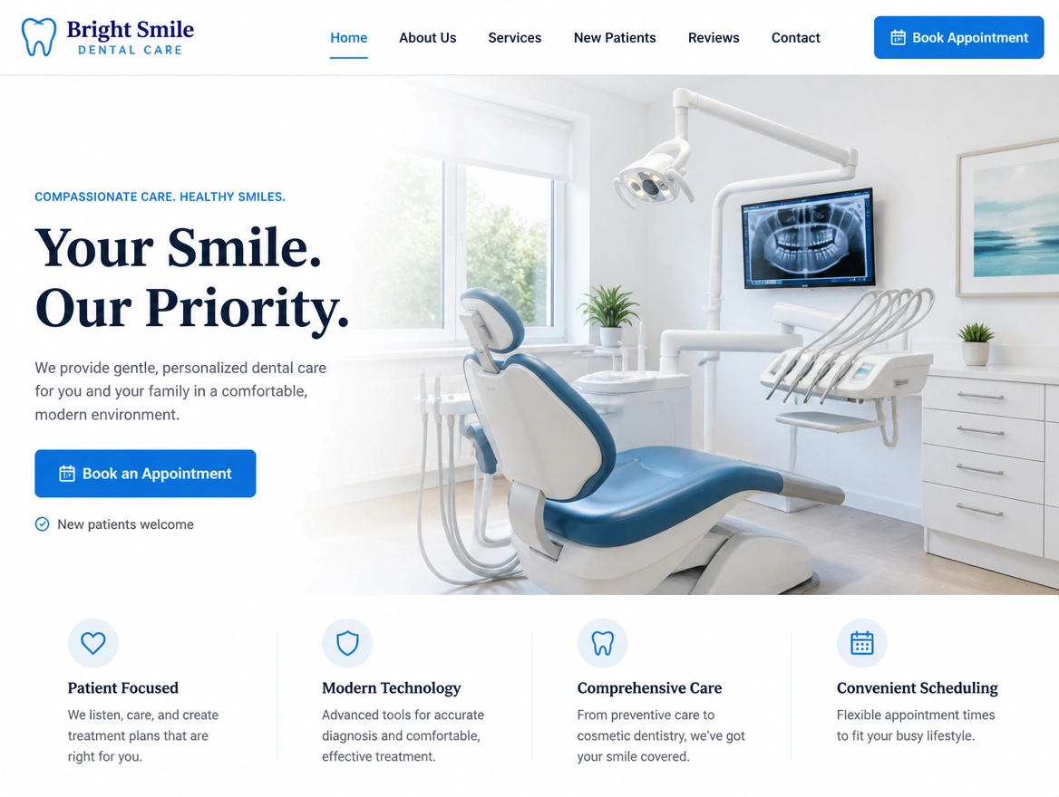 A dental clinic website with an appointment booking button