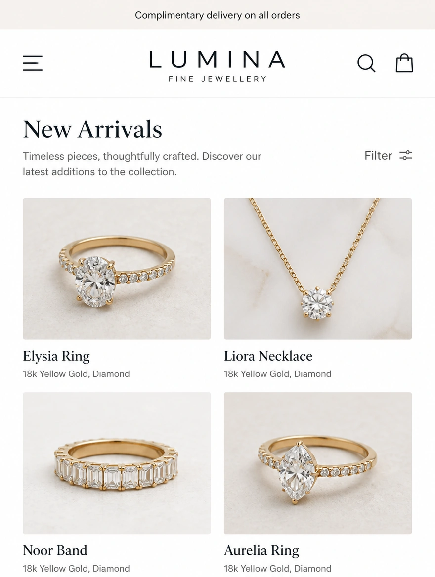 A jewellery brand website on a phone with a product grid