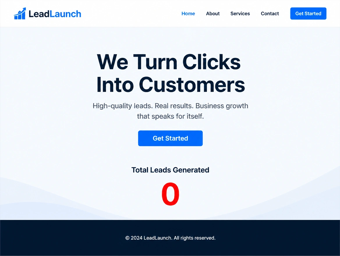 A homepage with a leads counter reading zero