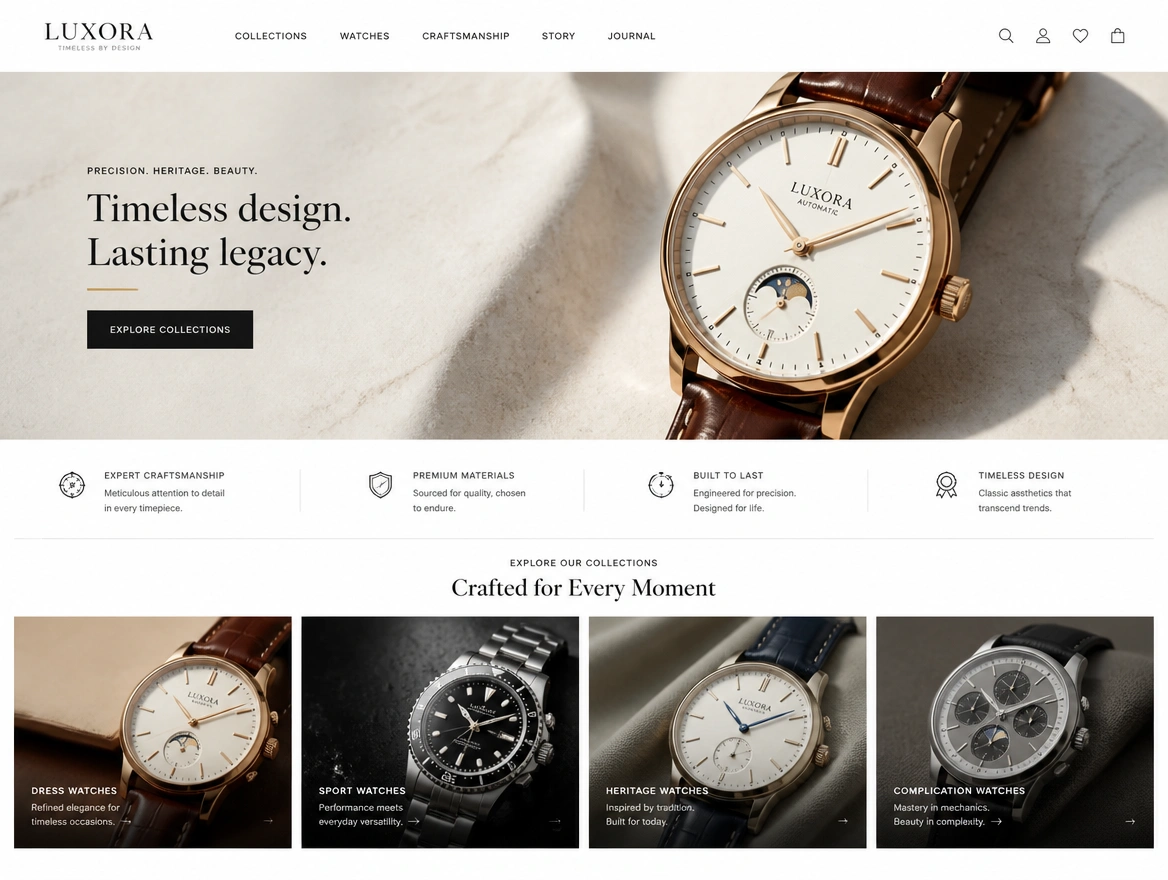 Luxury watch brand website homepage built to sell online