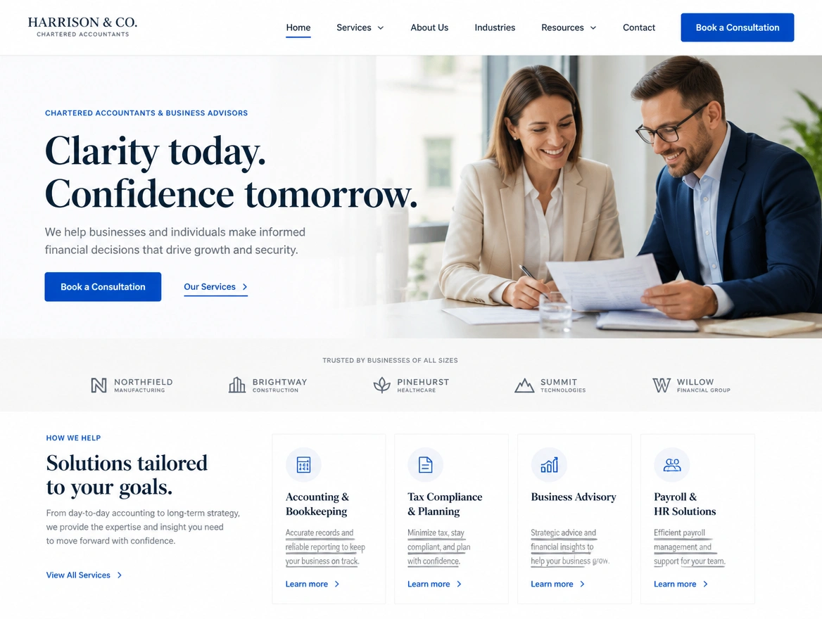 An accounting firm website with a book a consultation button