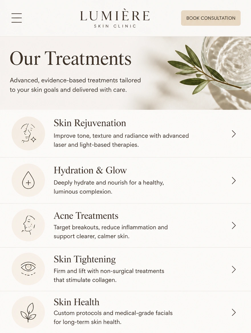 An aesthetic clinic website on a phone with a treatment menu