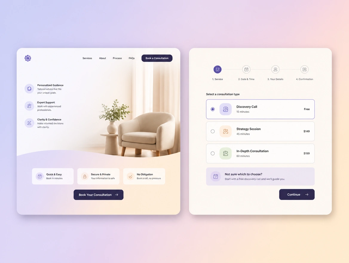 Website mockup showing booking funnel