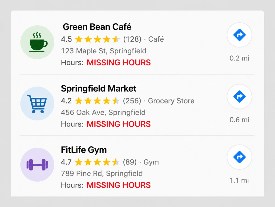 Map listings with their opening hours missing
