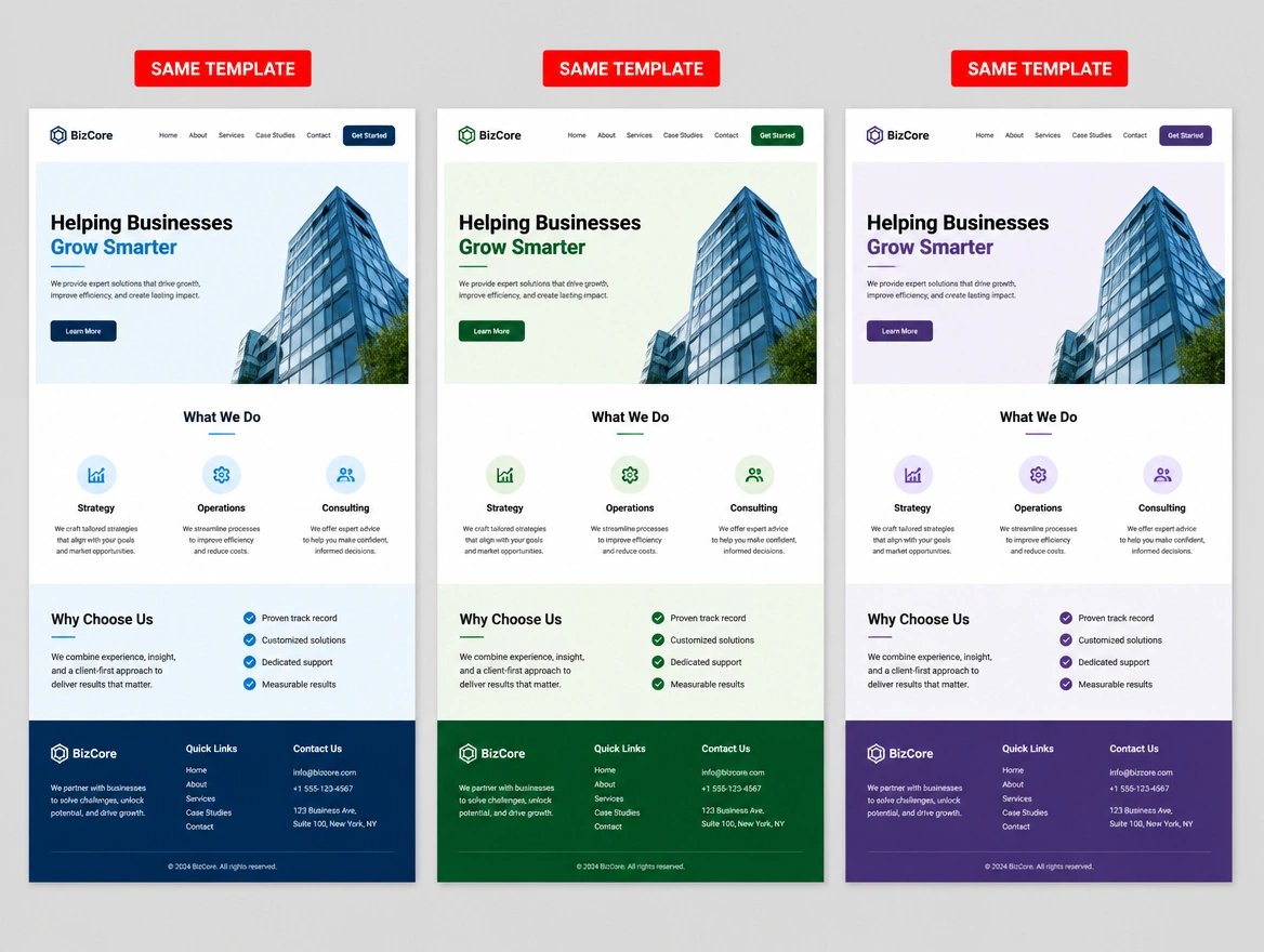 Three competitor websites built from the same template