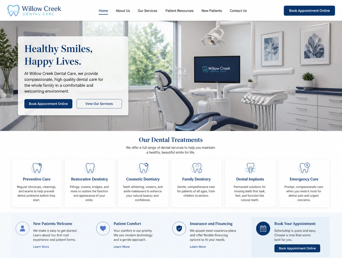 A dental clinic website with a treatment list and an online booking button