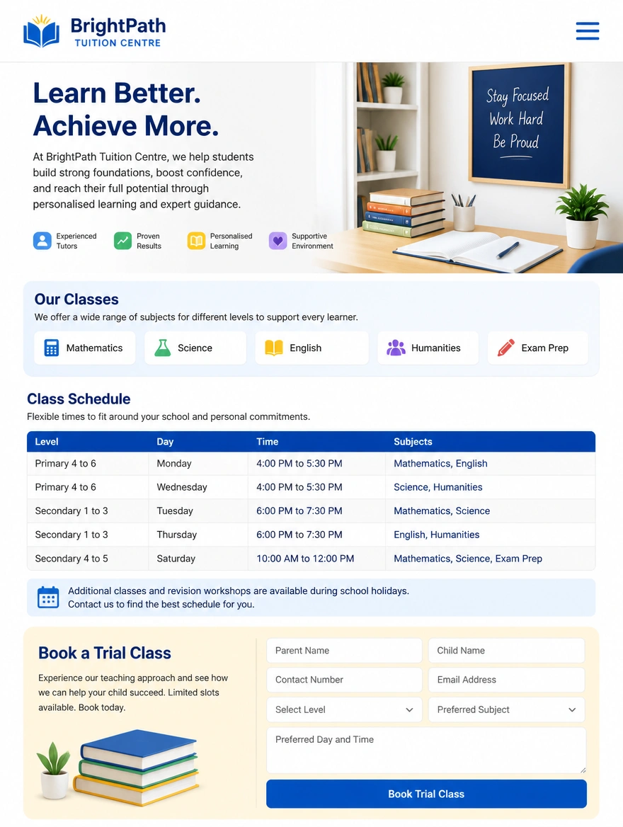 A tuition centre website on a phone with class schedules and a trial booking button