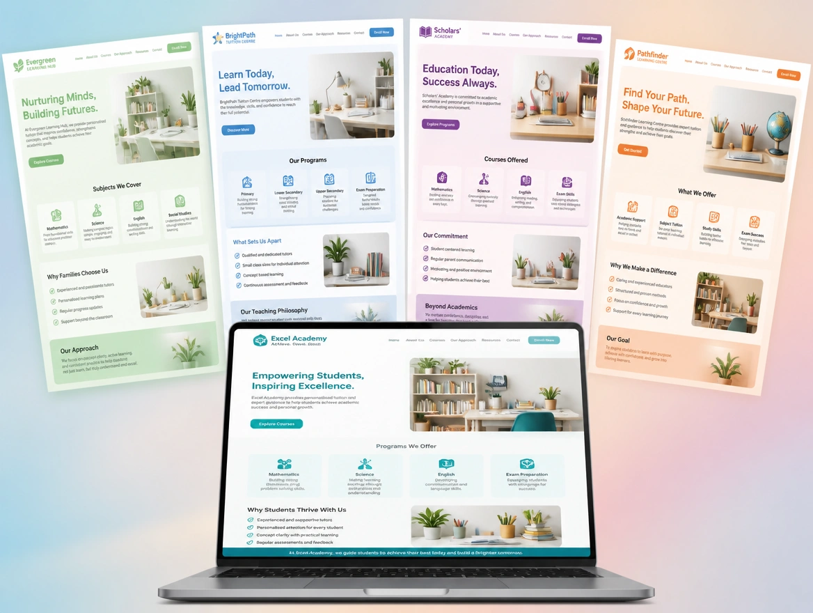 A laptop with four colour variations of the same tuition centre page floating up behind the screen