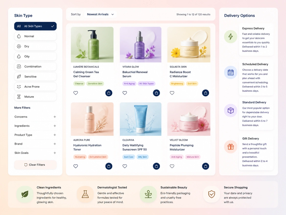 A skincare store listing with skin type filters, beside a panel of four delivery choices