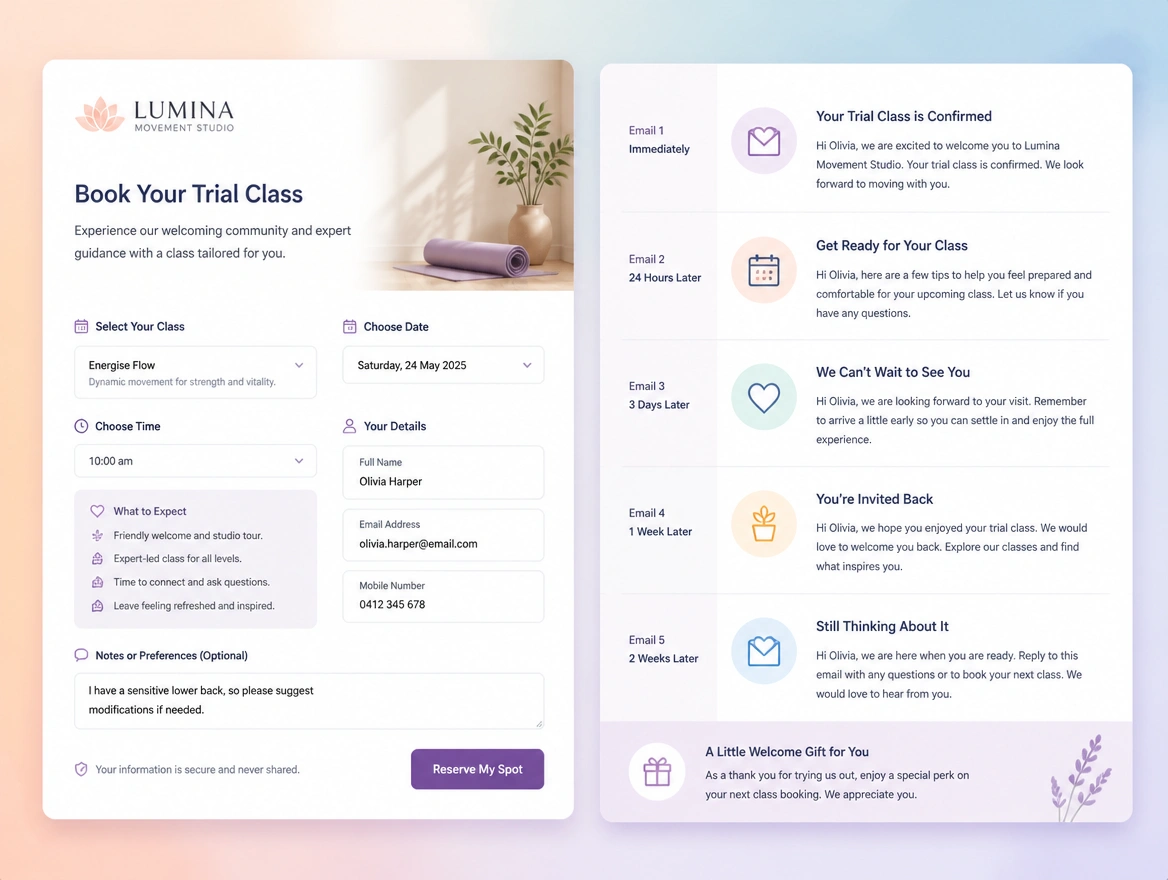 A trial class booking form beside a list of five reminder emails, timed from immediately to two weeks