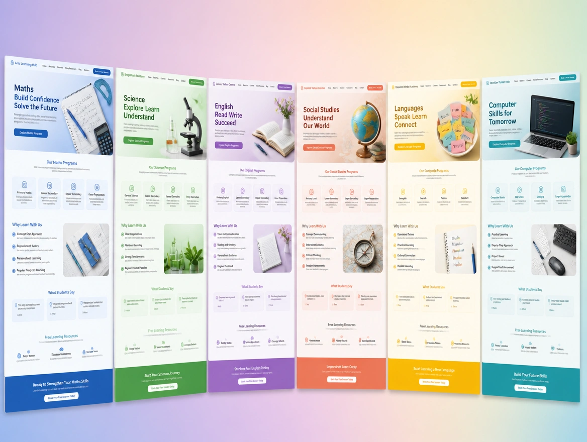 Six pages of a tuition centre site fanned in a row, one per subject