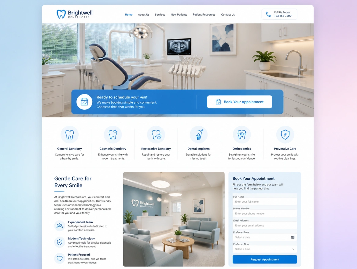 A dental clinic page with a treatment room photograph, a large booking button and six service icons