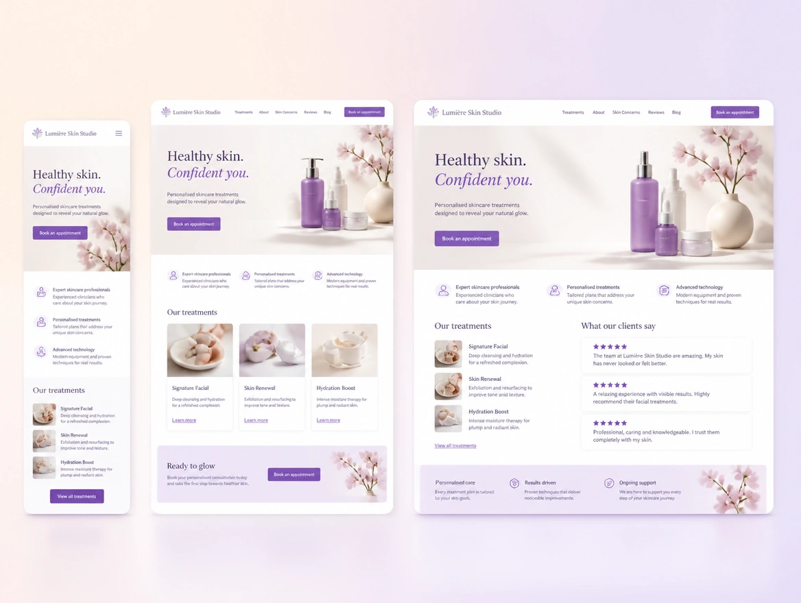 A skincare clinic page on a phone, tablet and laptop, with reviews and a booking button