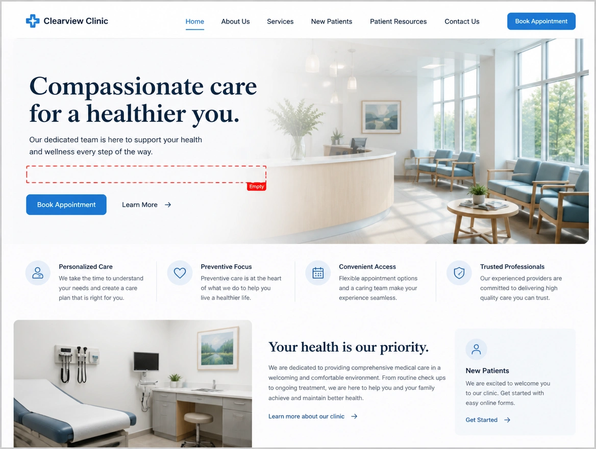 New clinic home page with a stock photograph and a red dashed outline round the empty line naming the services
