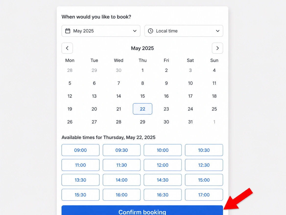Booking calendar overflowing a phone width with a red arrow at the cut off confirm button