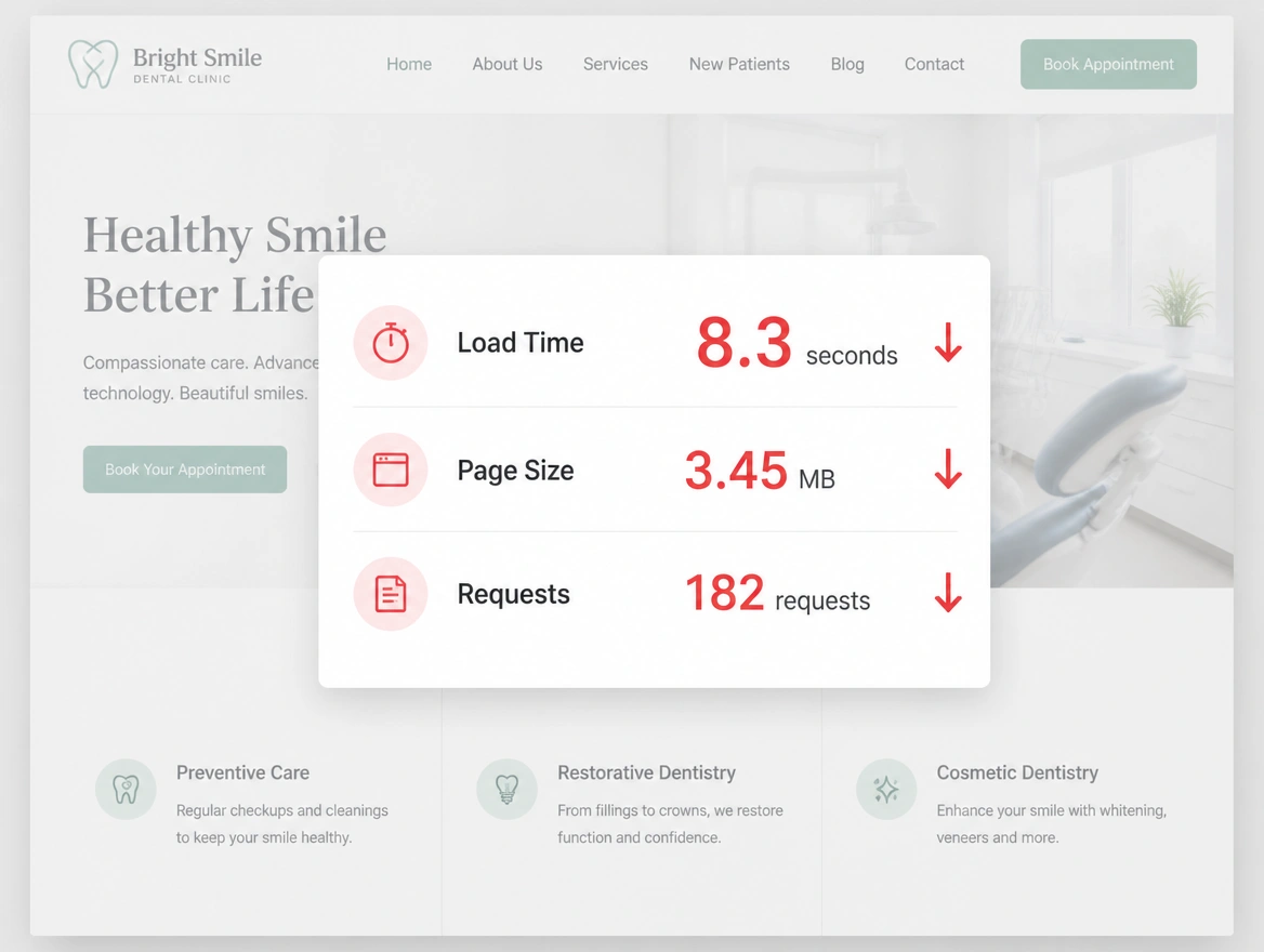 A page speed report over a clinic page with the load time reading 8.3 seconds in red