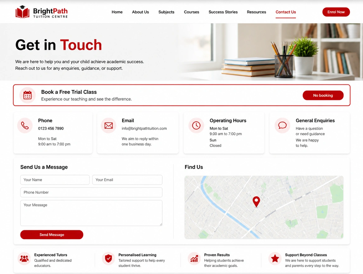 Tuition centre contact page with a red outlined strip where a trial class booking should be