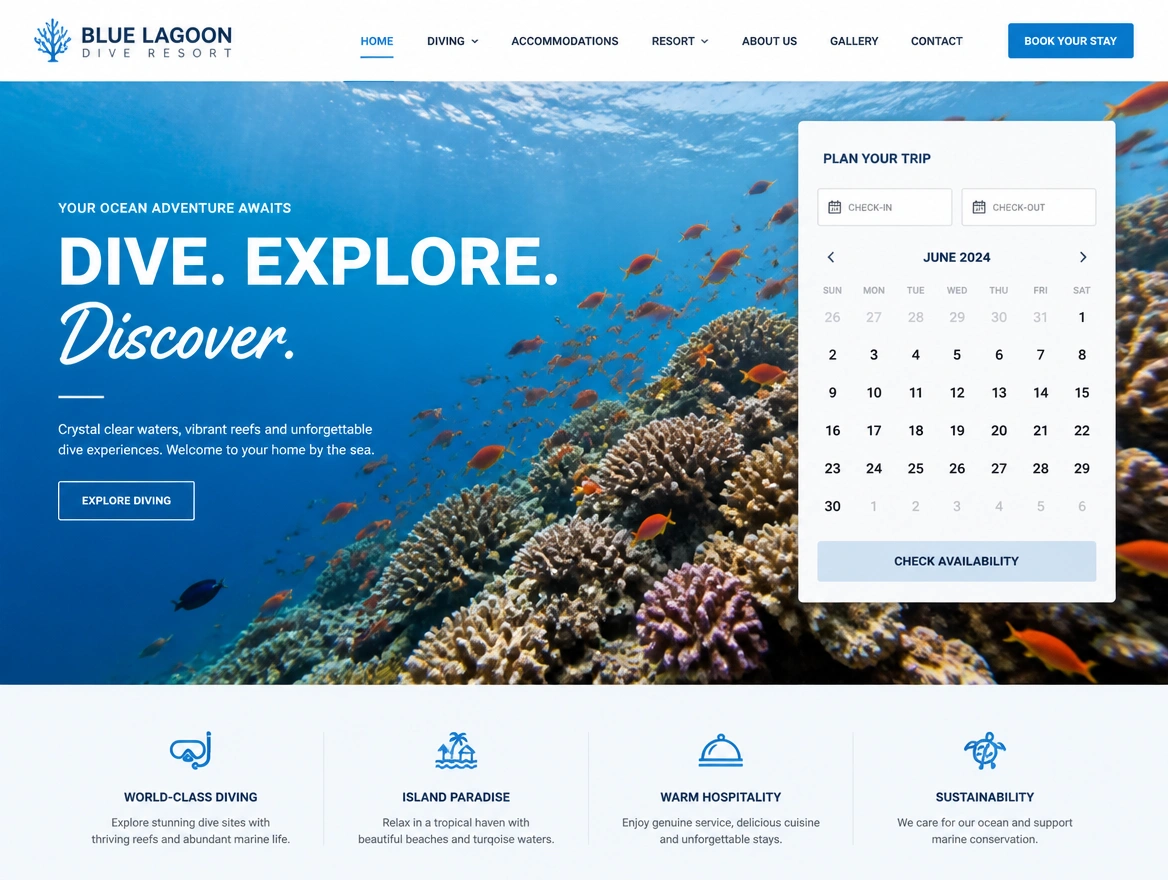 A dive resort website with a trip booking calendar