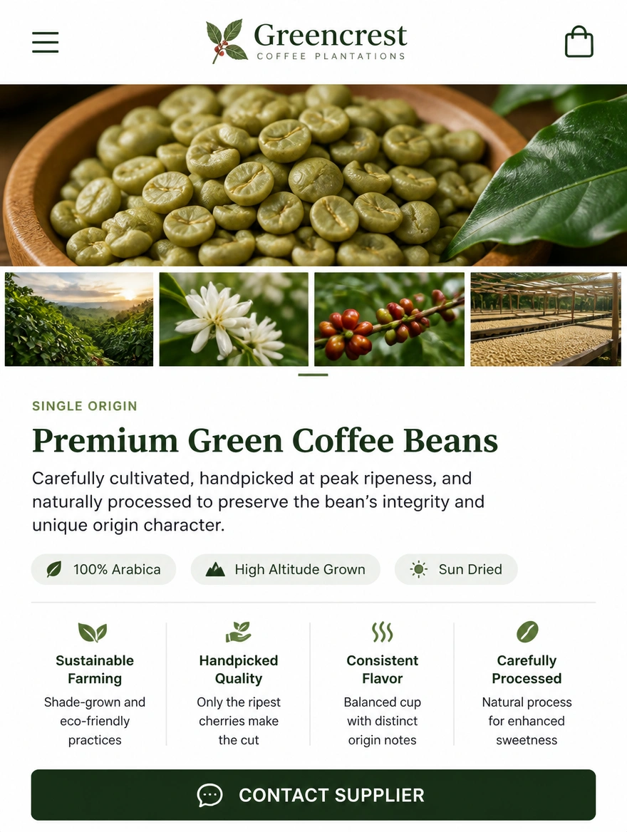 A plantation supplier website on a phone with a product contact button