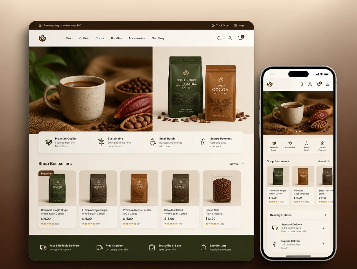 Website mockup showing online store