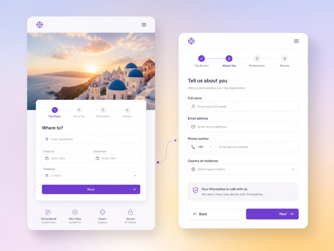 Website mockup showing booking funnel