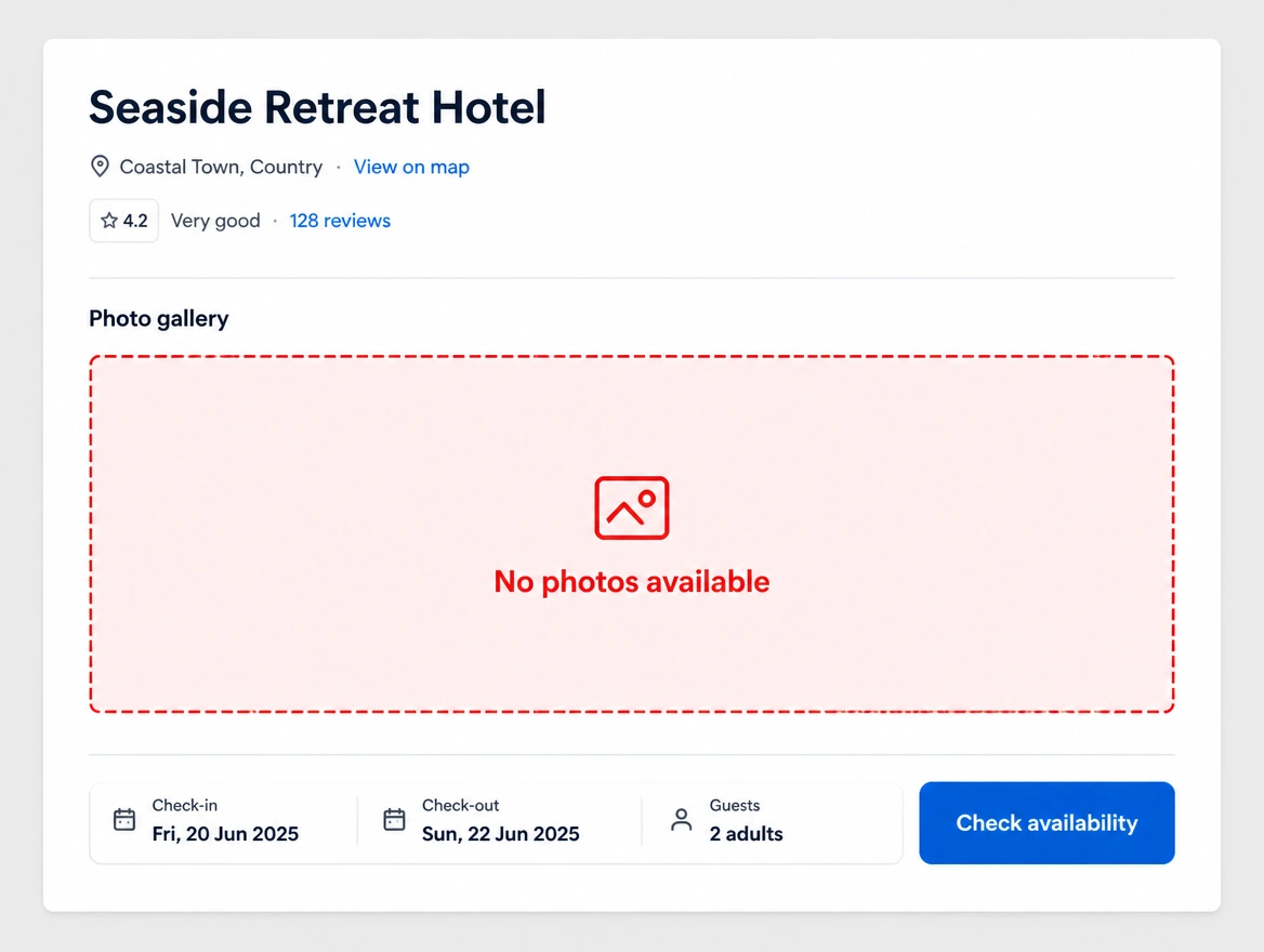 A booking page with an empty photo gallery