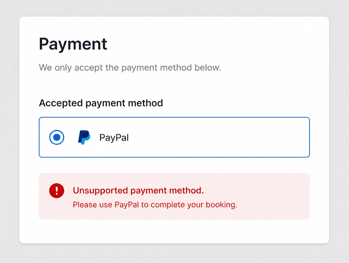 A booking page accepting only one payment method
