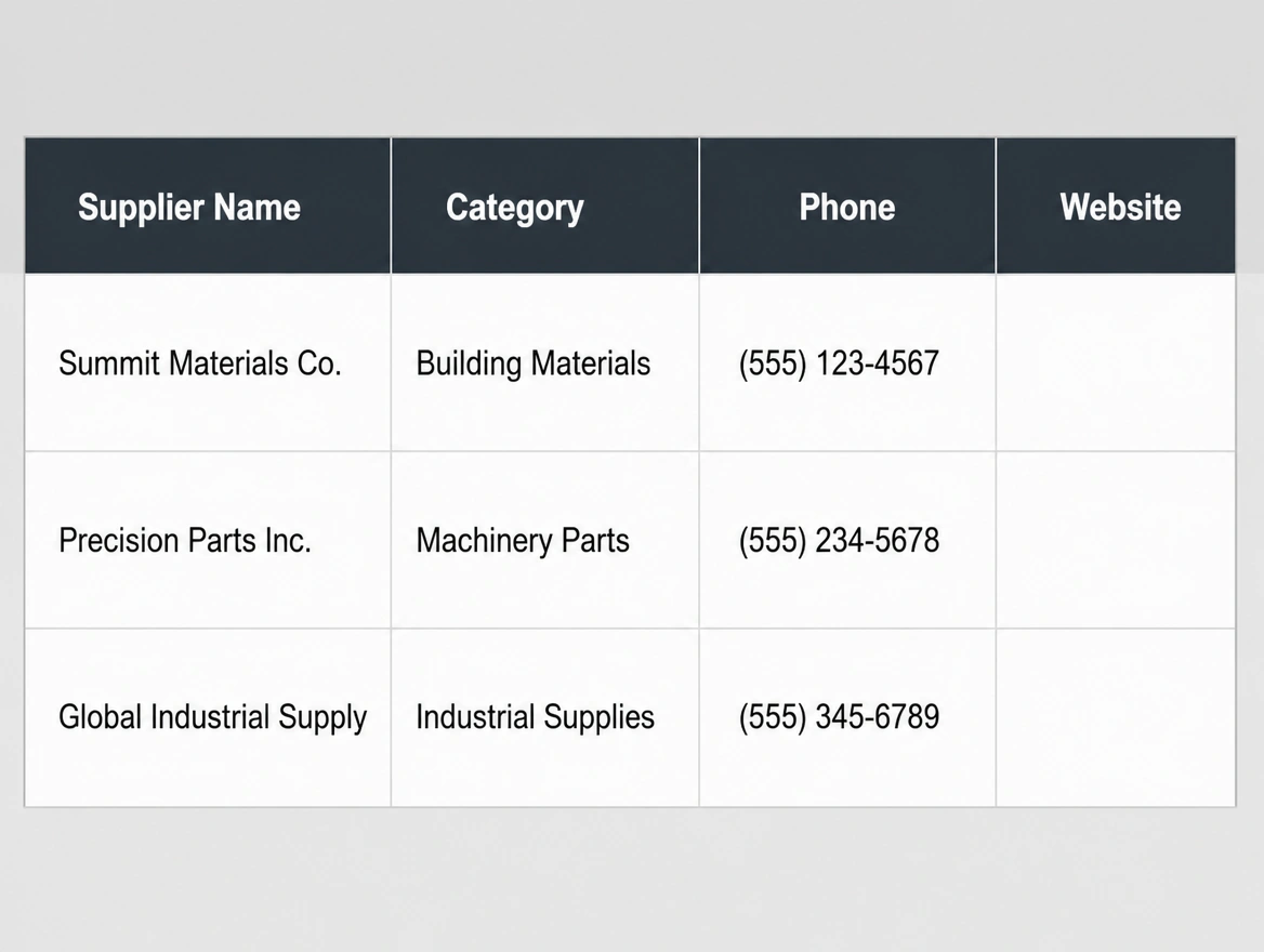 A supplier directory listing with no website linked
