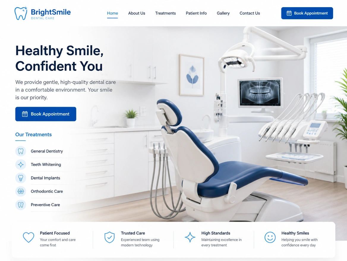 A dental clinic home page with a treatment list and a book appointment button