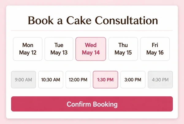 A booking screen on a patisserie website with days, time slots and a confirm button