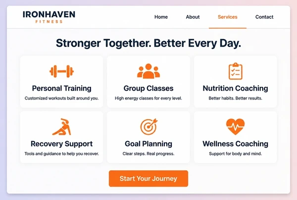 A boutique gym website services page showing six service cards in a grid
