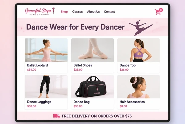 A dance studio online shop page showing six products with photographs and prices