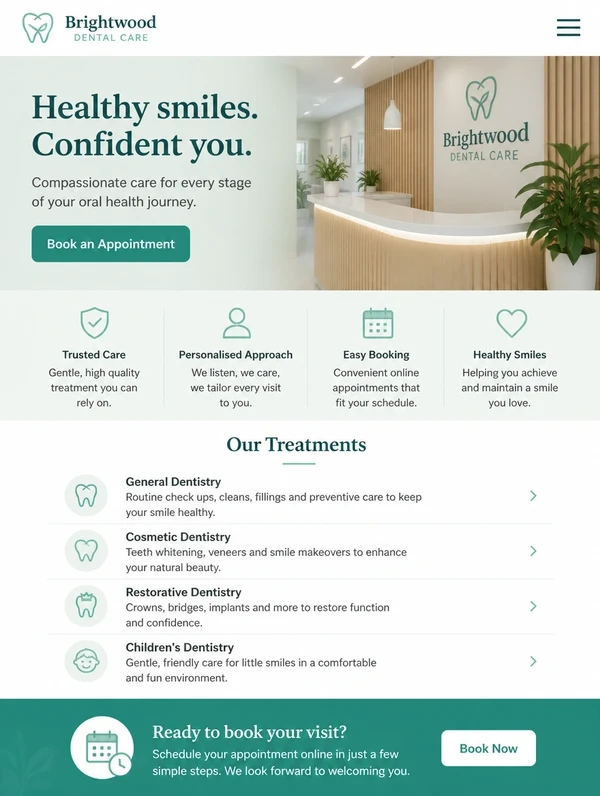 A dental clinic website on a phone with a treatment list and a booking button