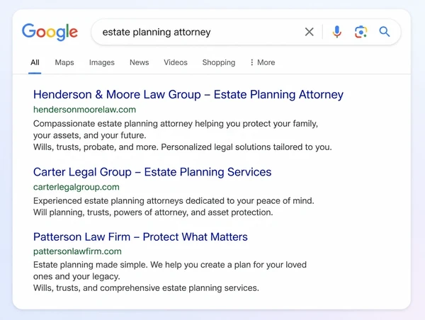 A Google results page where the first of three results is a law practice website