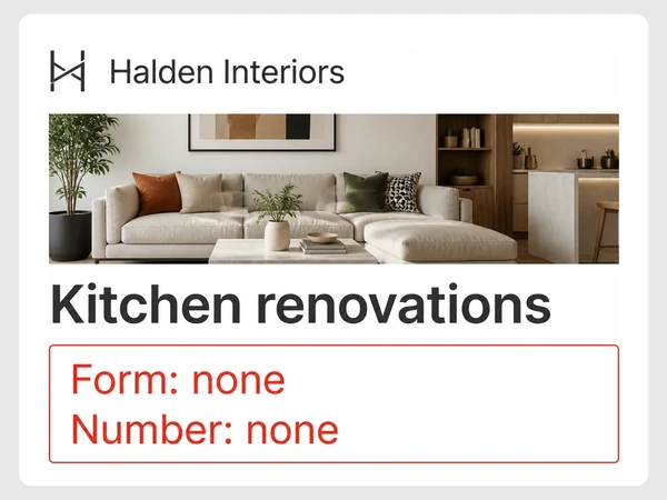 Halden Interiors Kitchen renovations page shows Form none and Number none in an empty outlined area.
