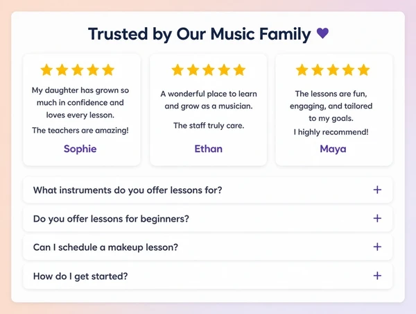A music school website section showing three customer reviews above a list of four questions