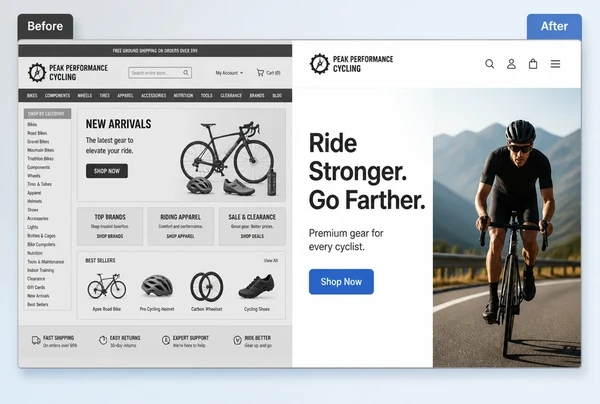An old performance cycling home page beside its rebuilt version, labelled before and after