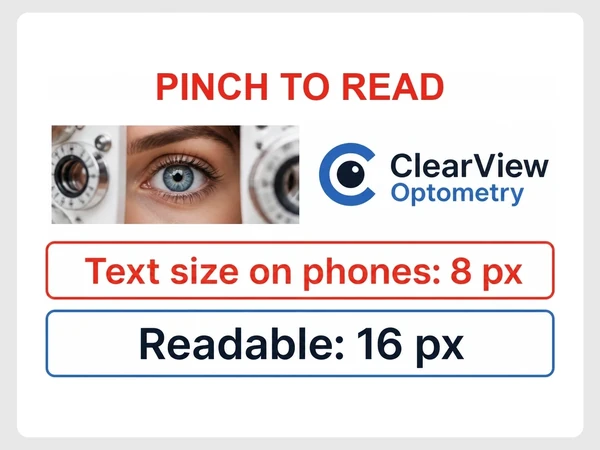 ClearView Optometry phone report shows text at 8 pixels against a readable size of 16 pixels.