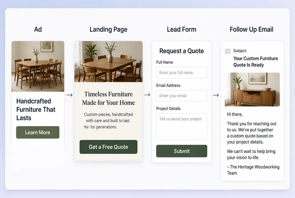 A four step furniture maker campaign path from advert to page to form to follow up email