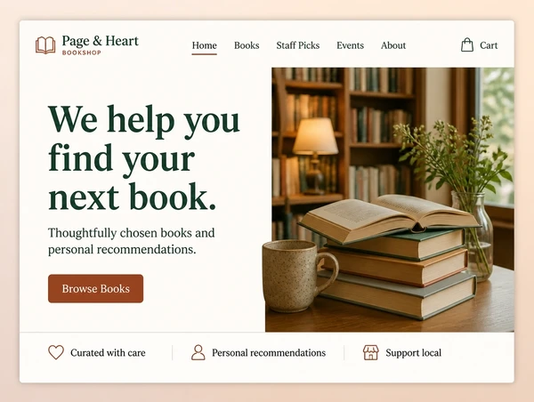 The top of a bookshop home page with a clear headline, one photograph and one button