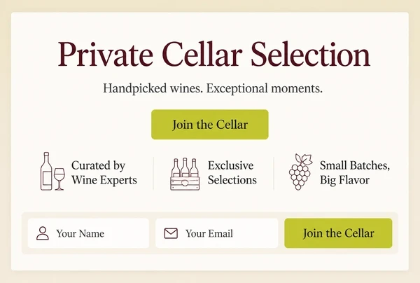 A one page wine merchant website with one offer, three benefit lines and a single button