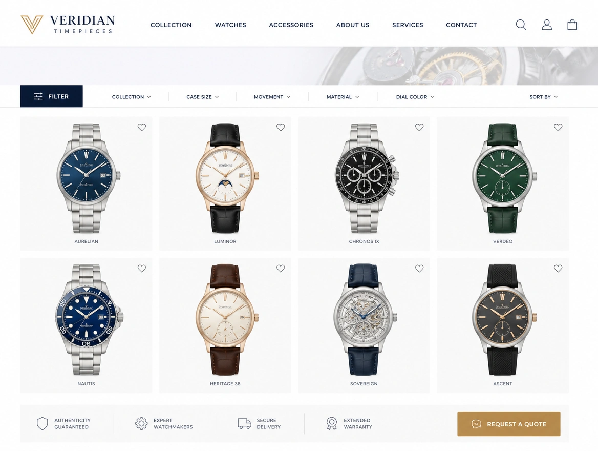 A watch specialist website with a product range and a quote request button