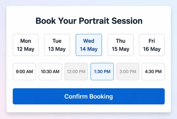 A booking screen on a photography studio website with days, time slots and a confirm button