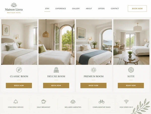 A boutique hotel website with room categories and a book now button