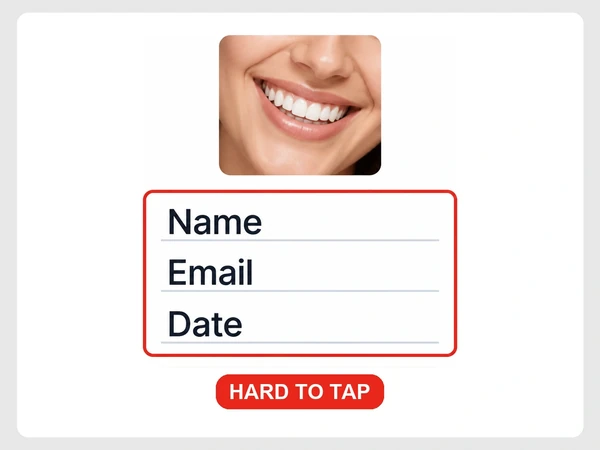 Brightside Dental phone screen crushes overlapping menu items and Name, Email, and Date fields inside a red outline.