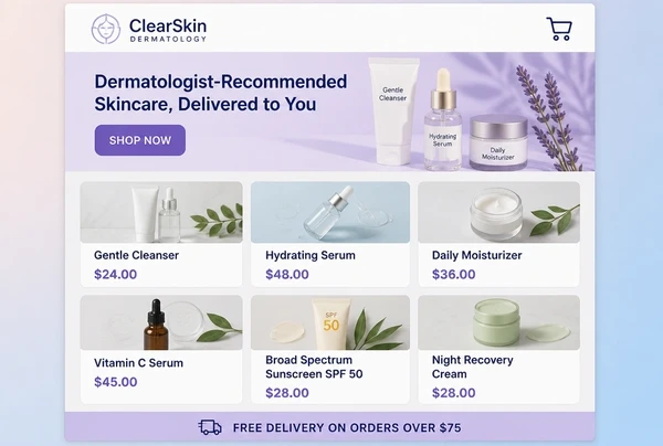 A dermatology clinic online shop page showing six products with photographs and prices