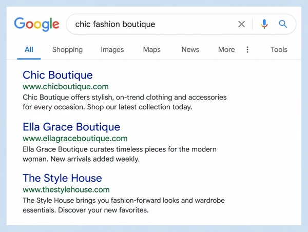 A Google results page where the first of three results is a fashion boutique website