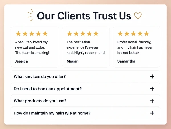 A hair salon website section showing three customer reviews above a list of four questions