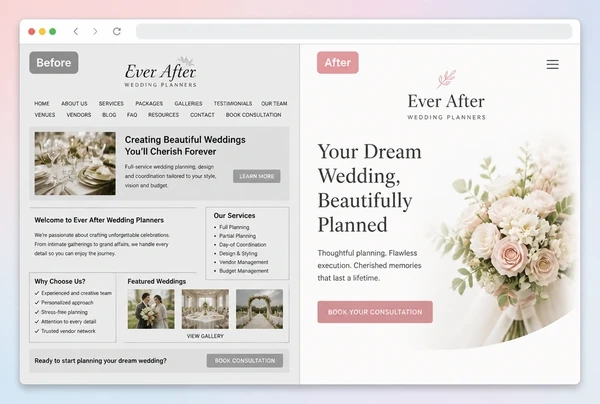 An old wedding planner home page beside its rebuilt version, labelled before and after