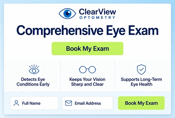 A one page optometry practice website with one offer, three benefit lines and a single button
